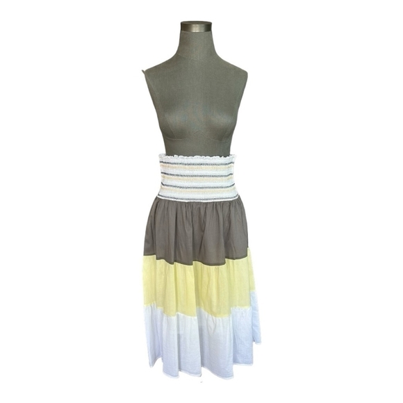 Women’s Skirt Color Block Grey Yellow White Cotton Ruffled Pull On Midi Skirt - Picture 1 of 5